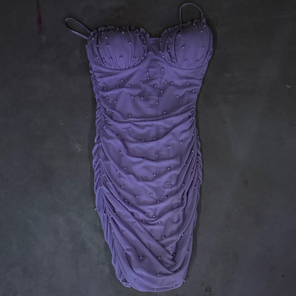 Homecoming Purple Ruched Pearl Dress